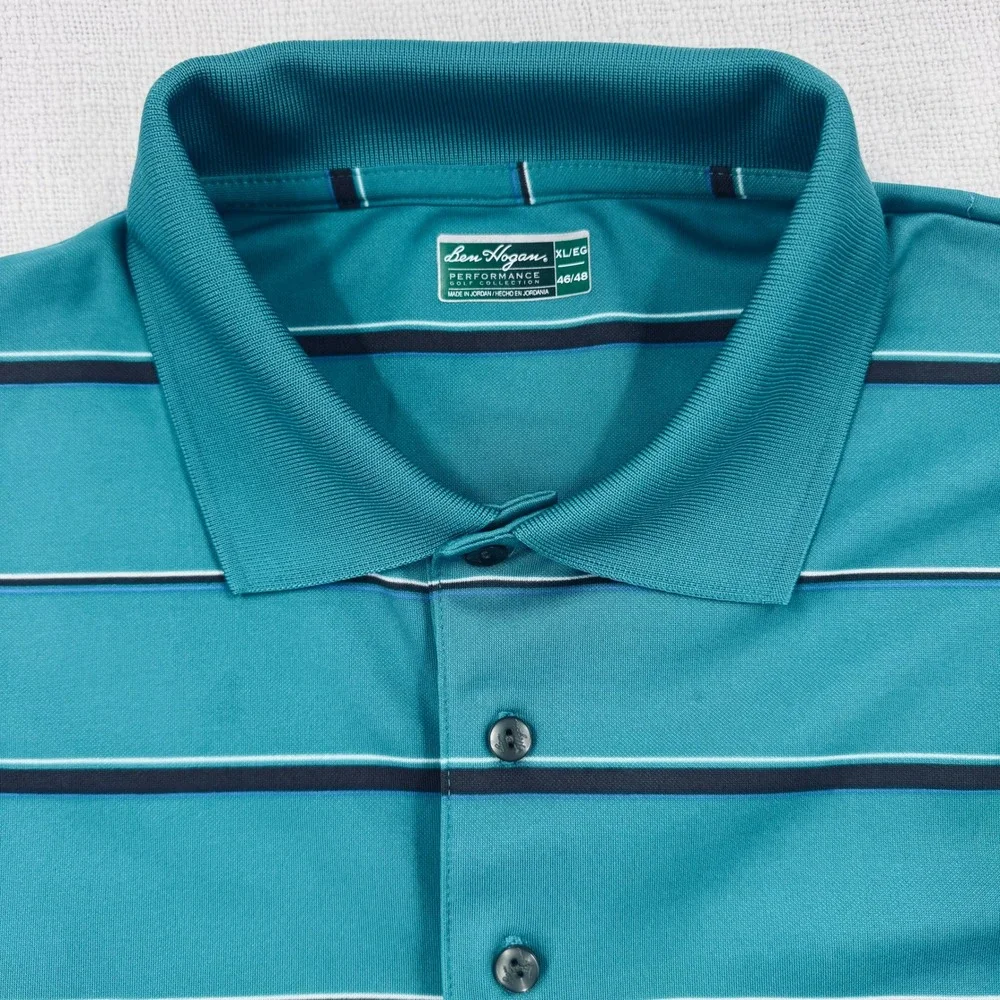 Ben Hogan Performance Golf Polo Shirt Mens XL Teal Blue Striped Short Sleeve